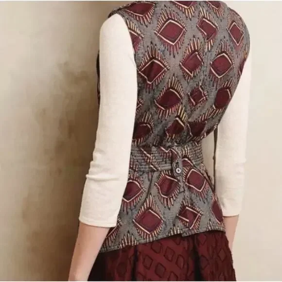 ANTHROPOLOGIE ELEVENSES Tribal Geometric Print Maroon Gold Belted Button Vest XS - Picture 3 of 11